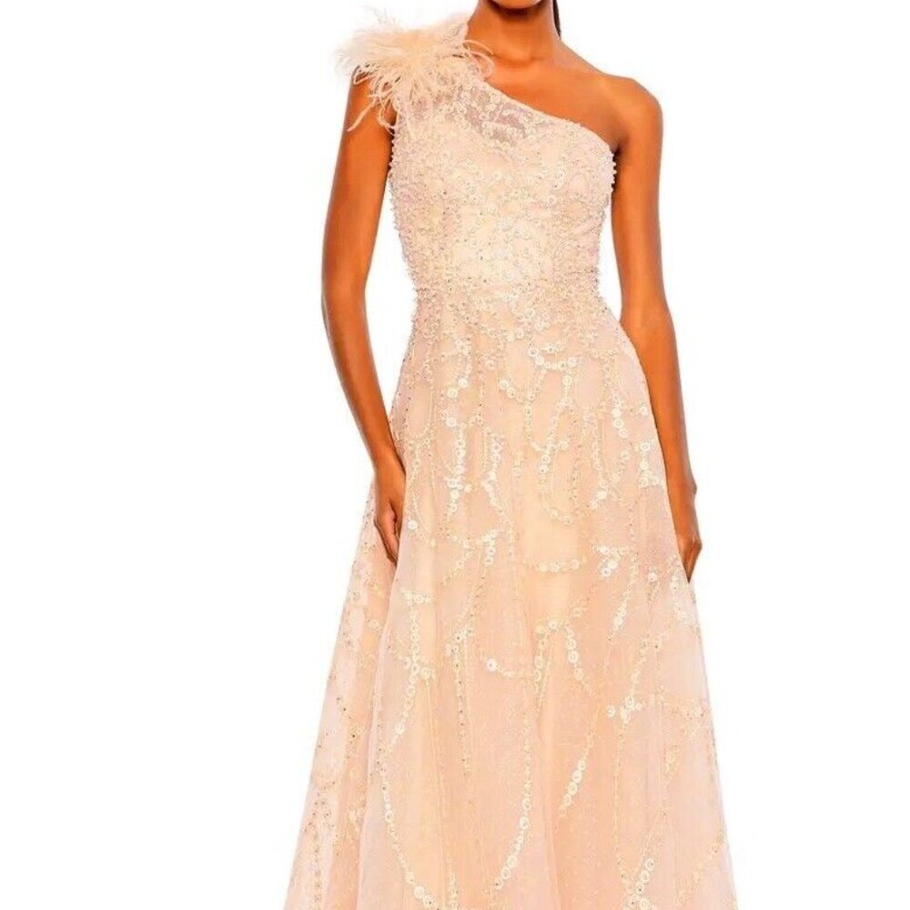 Mac Duggal Peach Embroidered Beaded OneShoulder Feather ALine Gown Prom